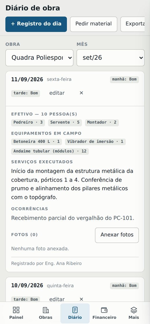 Diário de obra no celular, com clima, efetivo em campo, equipamentos, serviços executados e ocorrências